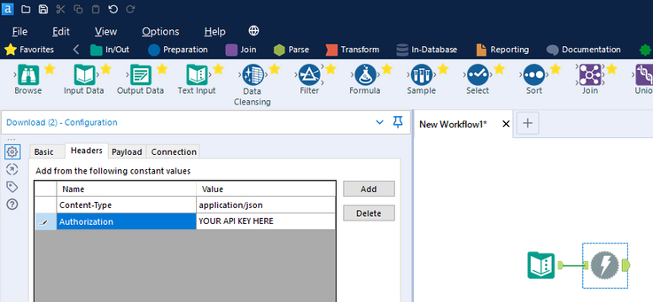 Alteryx - download tool configuration - authorization header